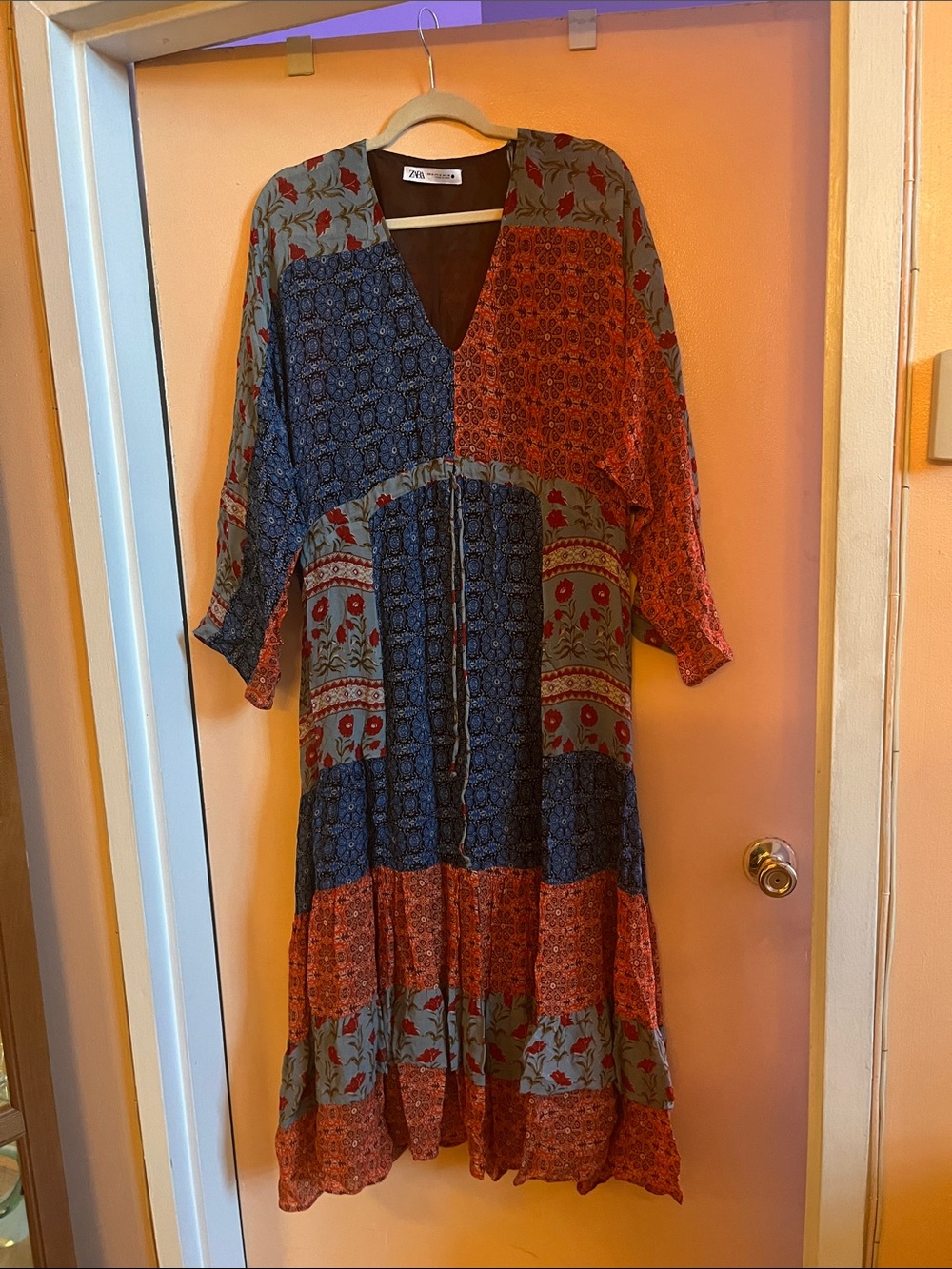 Zara Multicolor Patchwork V-Neck Maxi Dress
